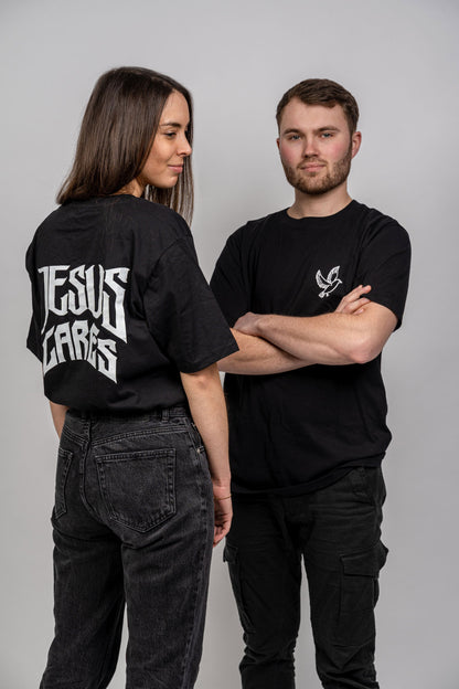 Christliches Oversized T-shirt in Schwarz mit weißer Aufschrift Jesus Cares