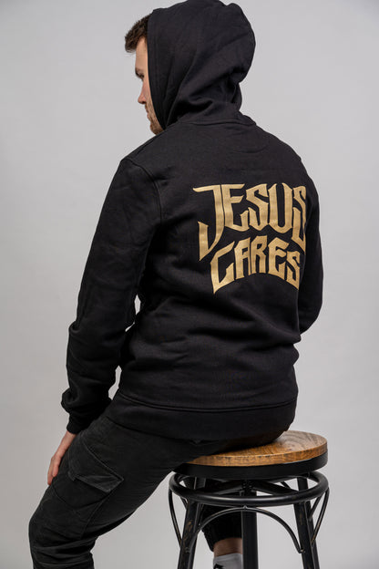 Christlicher Hoodie in Schwarz mit Goldener Aufschrift Jesus Cares