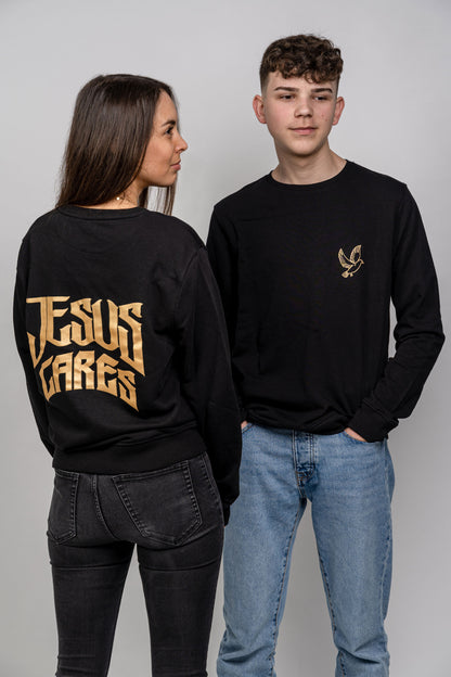 Christlicher Sweater in Schwarz mit goldener Aufschrift Jesus Cares